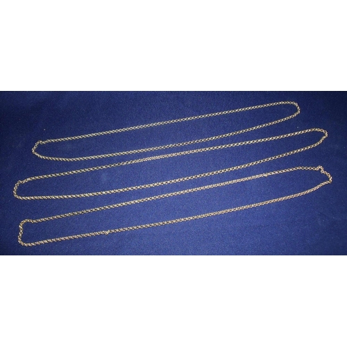 117 - Three unmarked (tested) 9ct gold chains of graduating lengths from 76cm to 68cm (3)