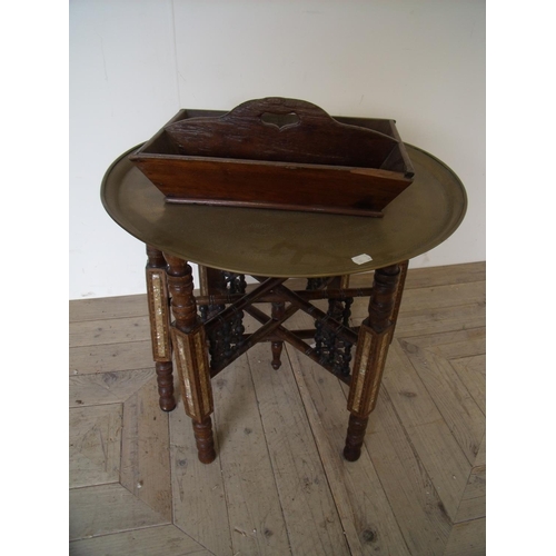 104 - Early 19th C two sectional cutlery tray and a brass top Benares style table (2)