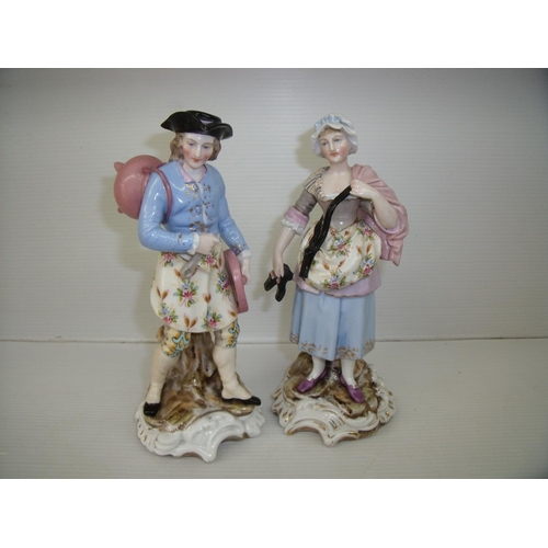 107 - 19th/20th C continental porcelain figures of a couple, with marks to the base (height 18cm)