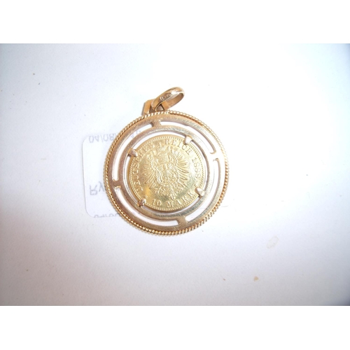 120 - German 10 Mark 1888 gold coin in 18ct gold pendant mount