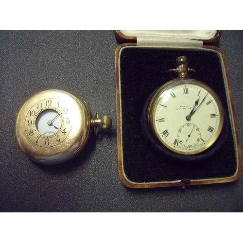 22 - Gents gold plated half hunter pocket watch with secondary dial No 16176982 and a brass cased open fa... 