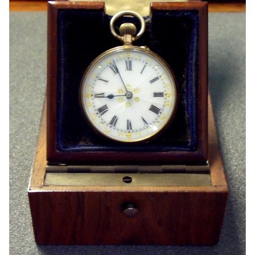 23 - Walnut rectangular box with hinged lift up baize lined stand, with ladies 9ct gold cased fob watch