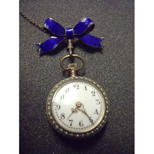 25 - Early 20th C ladies silver and enamel fob watch with blue enamel brooch hanging pendant, the watch b... 