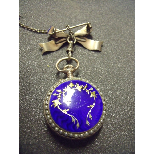 25 - Early 20th C ladies silver and enamel fob watch with blue enamel brooch hanging pendant, the watch b... 