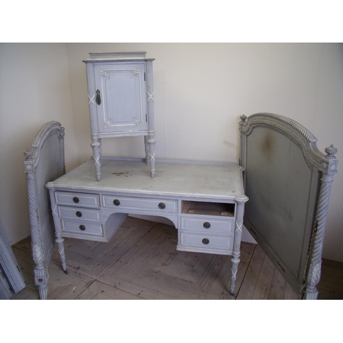 370 - Late 19th C French style painted kneehole dressing chest, matching bedside cupboard and two single b... 