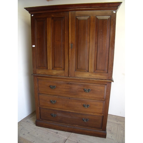 371 - Early 20th C mahogany linen cupboard with two upper panelled cupboard doors above three drawers, wit... 