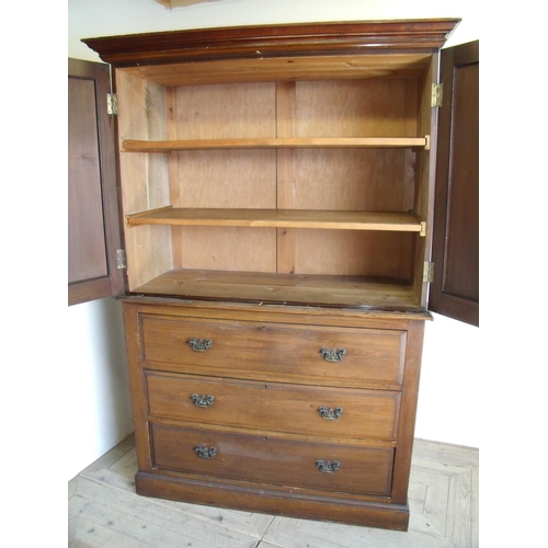 371 - Early 20th C mahogany linen cupboard with two upper panelled cupboard doors above three drawers, wit... 