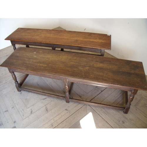 373 - Pair of oak rectangular joint benches on six turned supports (153cm x 40cm x 46cm)