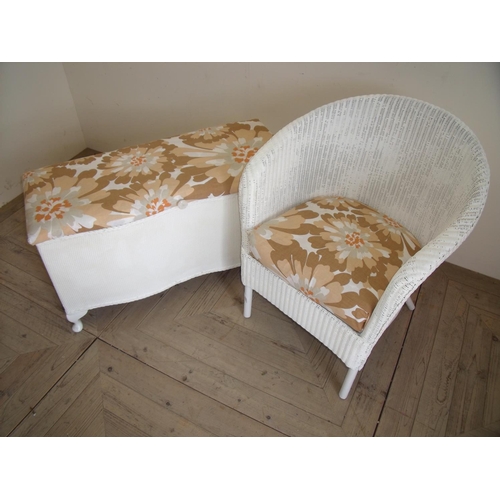 376 - White painted Lloyd Loom style tub chair with upholstered cushion and matching rectangular blanket b... 