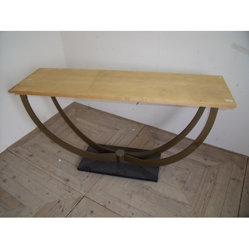 394 - Modern beech top hall table on four metal supports and a rectangular marble base (135cm x 40cm x 76c... 