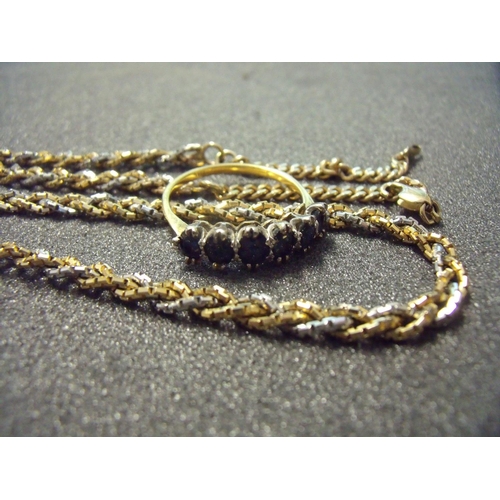 40 - Two strand white and yellow gold necklace and a 18ct gold six stone sapphire ring (size P) (2)