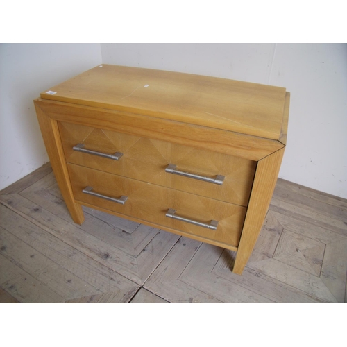 404 - Modern heavy light oak chest of two drawers on square tapering supports (85cm x 45cm x 65cm)