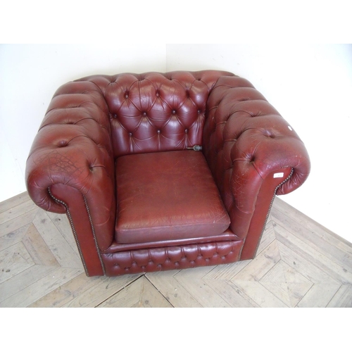 407 - Red leather Chesterfield style armchair