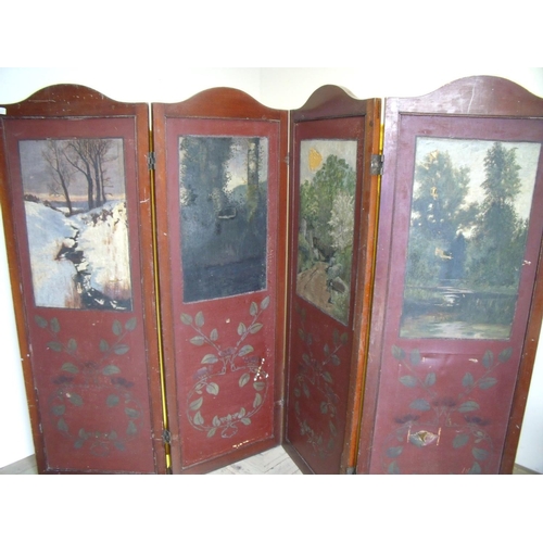 420 - Edwardian mahogany framed four sectional folding screen with arched top and painted panels