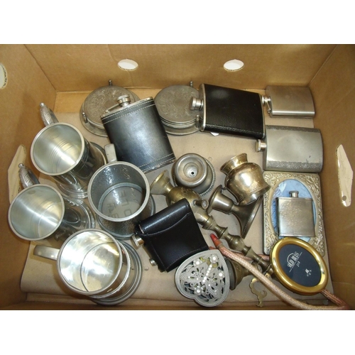 61 - Selection of various hip flasks, pewter tankards, plated ware etc