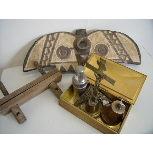 78 - Carved Native American style wood figure, tin box, brass bell, crucifix and other items in one box