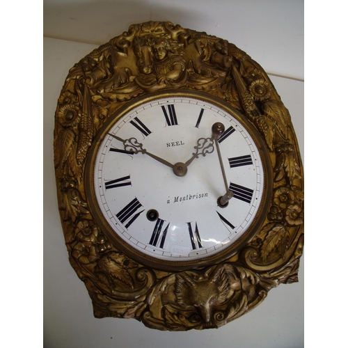 8 - 19th C German wall clock with embossed elaborate gilt frame and white enamel dial marked Neel A Mont... 