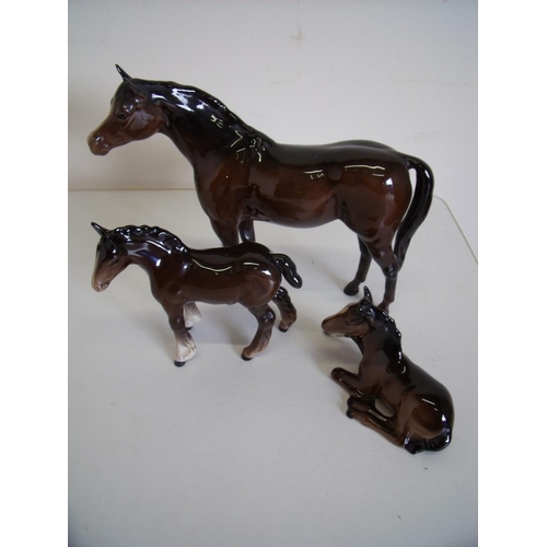 96 - Beswick figure of a Shire foal standing, another of a foal sitting (915) and a large standing brown ... 