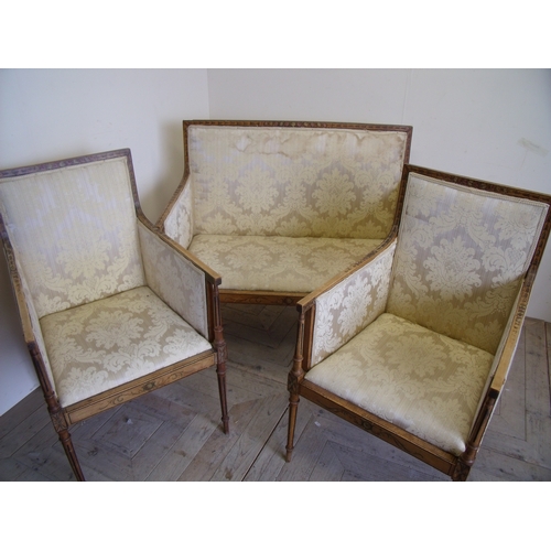 209 - Sheraton style satinwood suite comprising of two seat sofa and a pair of matching armchairs with sil... 