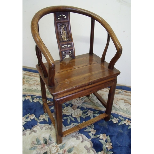 210 - 19th C Chinese hardwood marriage type chair with carved central splat, with gilt work detail depicti... 