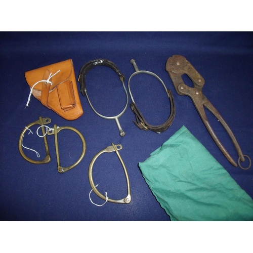 10 - Set of military wire cutters, three brass work WWI kit bag locks, set of spurs and a small leather p... 