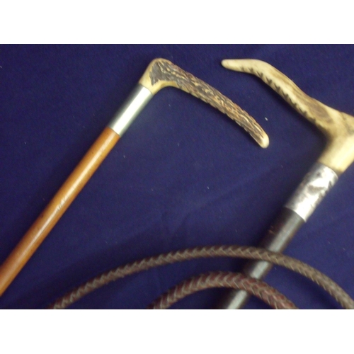 100 - Hunting whip with antler grip and white metal collar with leather bound body & bladed whip extension... 