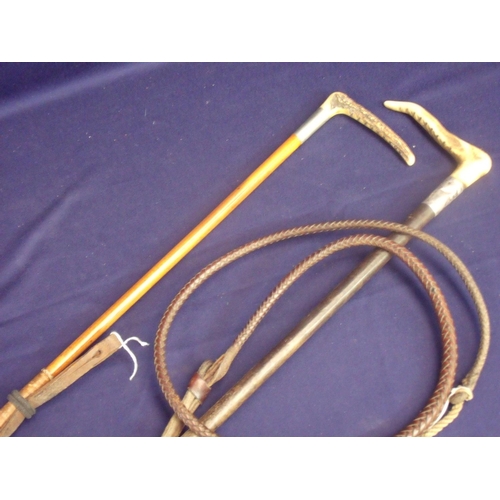 100 - Hunting whip with antler grip and white metal collar with leather bound body & bladed whip extension... 