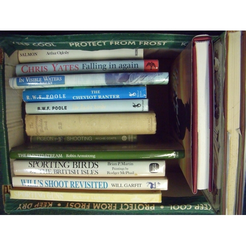 102 - Two boxes containing a selection of countryside and sporting hardback books including fishing etc (2... 