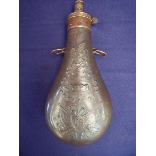 122 - Large bodied 19th C American copper powder flask, the dispensing top stamped 1857 Batty Springfield ... 