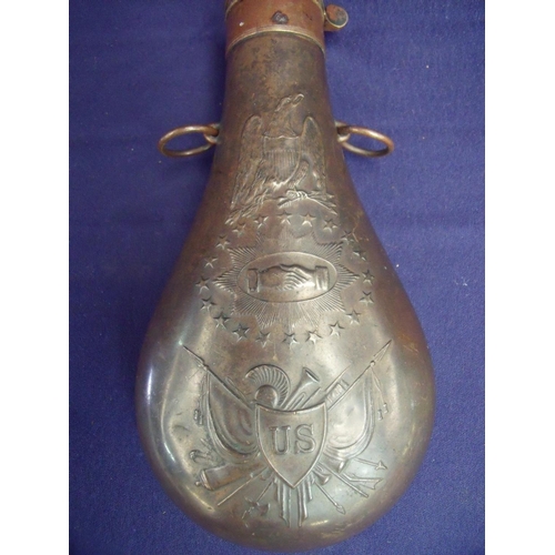 122 - Large bodied 19th C American copper powder flask, the dispensing top stamped 1857 Batty Springfield ... 