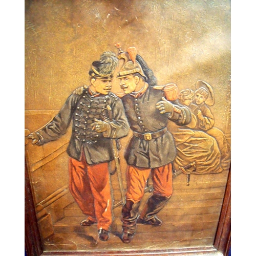 19 - 19th/20th C tooled leather German wall plaque depicting two Prussian soldiers (29.5cm x 37cm includi... 