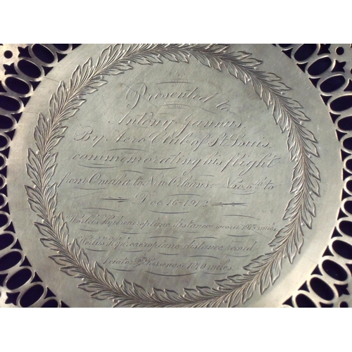 33 - Early aviation interest piece comprising of fretwork presentation silver inscribed 'Presented to Ant... 