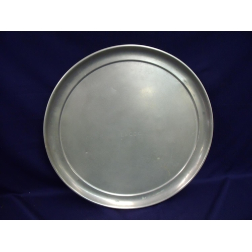 35 - 6 large plated circular serving trays engraved L&C.C.C (46cm diameter)