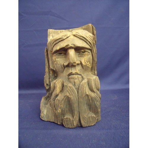38 - Early French style carved wood figure of a bearded man carved from a tree branch retaining bark to t... 