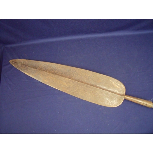 43 - Unusual 19thC African tribal type spear with large leaf shaped double edged blade with wooden shaft ... 