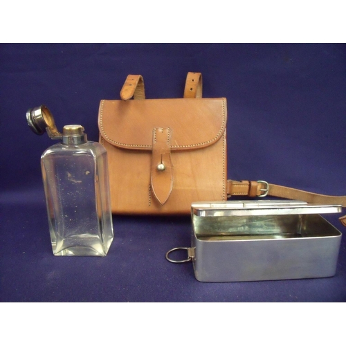 99 - Cased James Dickson & Son saddle pouch lunch set comprising of silver plated sandwich tin stamped wi... 