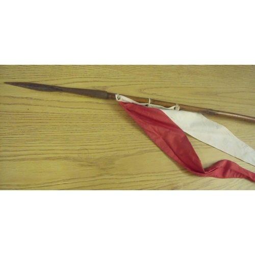 42 - 19/20thC lance with bamboo shaft tri form pointed blade and pointed butt cap mounted with red and wh... 