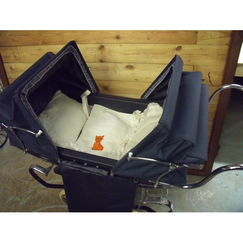 43 - Coach built blue & chrome finish pram with double raising canopy and accessories bag