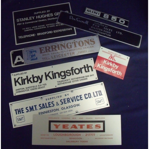 17 - WITHDRAWN: Selection of alloy company plaques and a Mini 850 badge including Yeates, Hughes Group, A... 