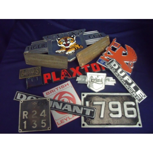 18 - Collection of various bus and wagon vehicle badges and plaques including Plaxtons, Tiger Leyland Cub... 