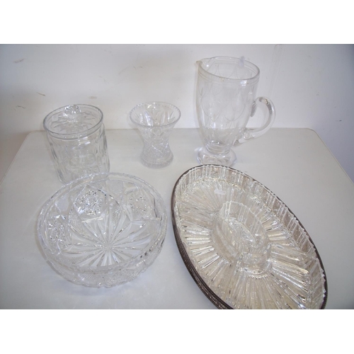 25 - Quality etched glass water jug, flared vase, biscuit barrel, entrée dish with silver plated tray etc