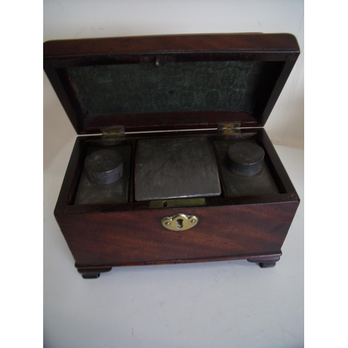 42 - Early 19th C mahogany tea caddy with hinged rectangular top revealing three sectional fitted interio... 