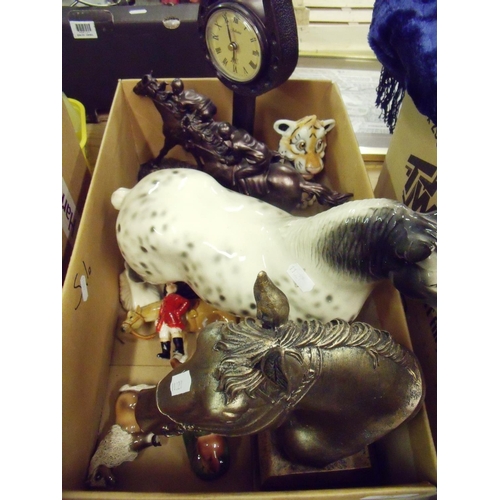 20 - Bronze effect racing horse clock, large ceramic horse and other horse figures in one box