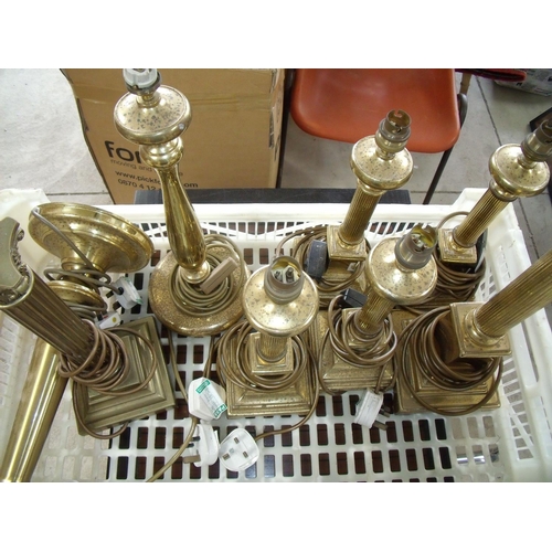 62 - Selection of brass table lamps including a set of four column sticks, Corinthian column table lamp e... 