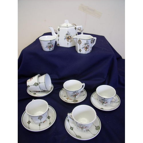 9 - English miniature transfer print, early 20th C six place coffee service with milk can and sugar bowl... 