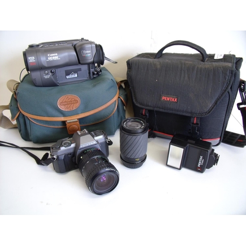 72 - Pentax P30T camera with two lenses, carry case & accessories and a cased canon video camera (2)