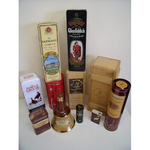 82 - Box containing a selection of various tins and packing cases for Whiskey, spirits etc including a Be... 