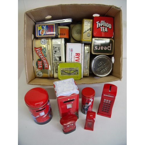 83 - Selection of various old tins in two boxes including  a selection of telephone and post box type tin... 