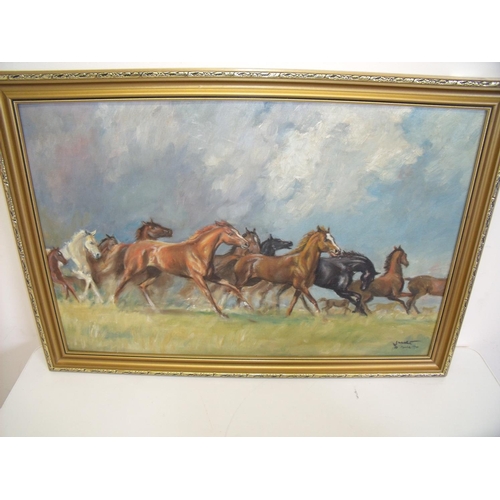 12 - Oil on board painting of horses in landscape scene, signed and dated lower right (67cm x 47cm)