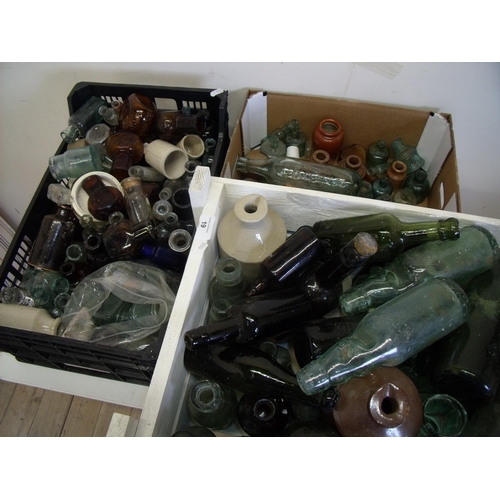 19 - Three boxes containing large selection of various vintage glass and stoneware bottles